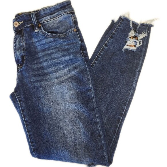 Kancan medium blue wash distressed skinny jeans w/ cheetah print backing 28 - Picture 1 of 9